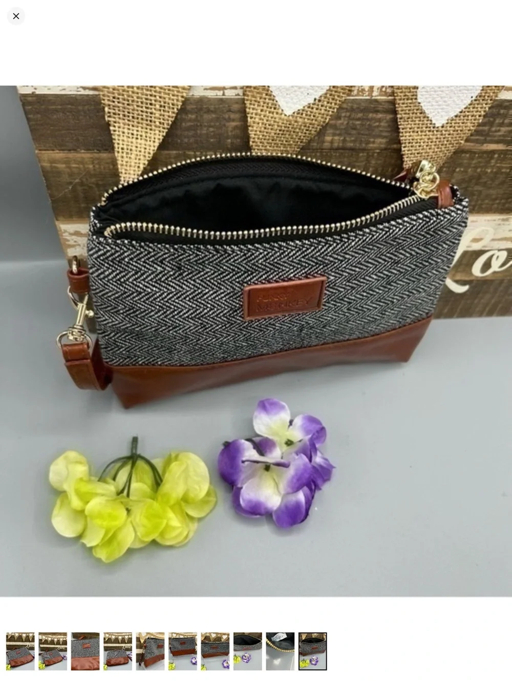 ✨Herringbone & Brown Faux Leather Wristlet Clutch